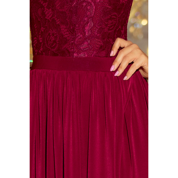 211-2 LEA długa suknia bez rękawków z koronkowym dekoltem - BORDOWA