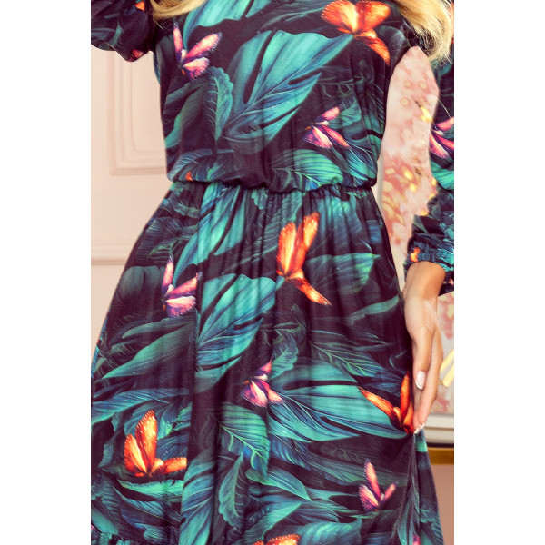 320-1 CORA sukienka z dekoltem i falbanką - kolorowe MOTYLE