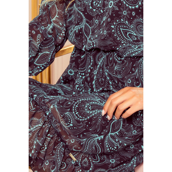 295-3 BAKARI zwiewna szyfonowa sukienka z dekoltem - TURKUSOWY WZÓR