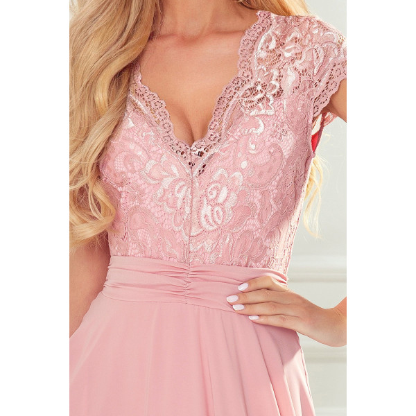 381-1 LINDA - szyfonowa sukienka z koronkowym dekoltem - BRUDNY RÓŻ