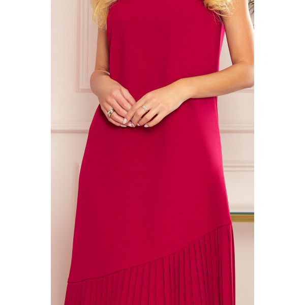 308-2 KARINE - trapezowa sukienka z asymetryczną plisą - CZERWONA