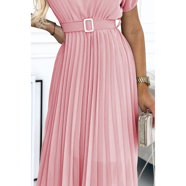 465-3 MIA Plisowana sukienka midi z szerokim paskiem - BRUDNY RÓŻ
