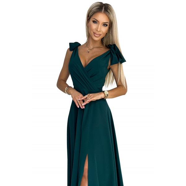 405-4 ELENA Długa suknia z dekoltem i wiązaniami na ramionach - BUTELKOWA ZIELEŃ