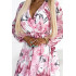 472-1 Szyfonowa sukienka midi z długim rękawkiem i dekoltem - jasno-różowe KWIATY na białym tle