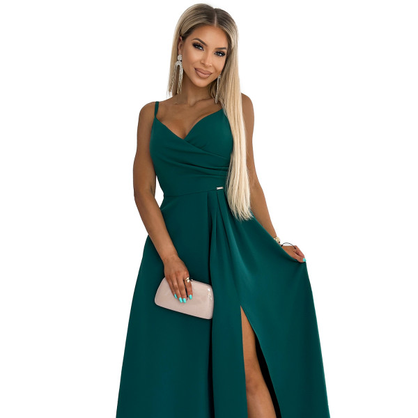 299-11 CHIARA elegancka maxi długa suknia na ramiączkach - ZIELONA