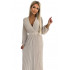 504-2 VIVIANA Plisowana sukienka midi z dekoltem, długim rękawkiem i szerokim paskiem - BEŻOWA