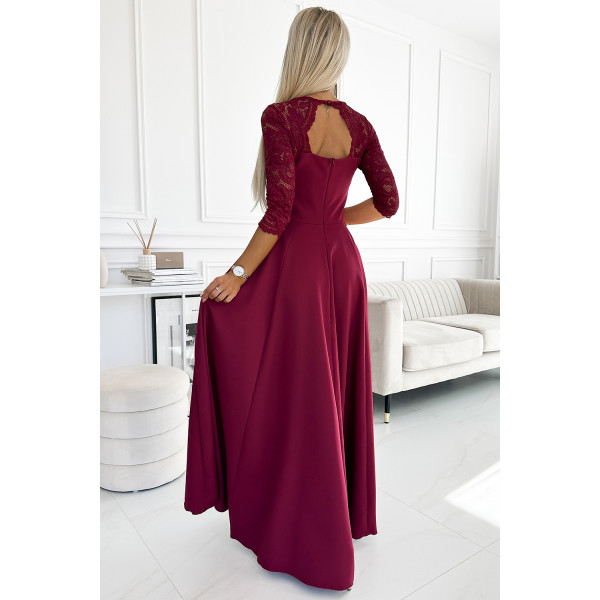 309-9 AMBER elegancka długa suknia maxi z koronkowym dekoltem - BORDOWA