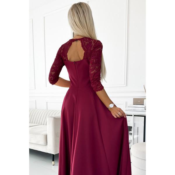 309-9 AMBER elegancka długa suknia maxi z koronkowym dekoltem - BORDOWA