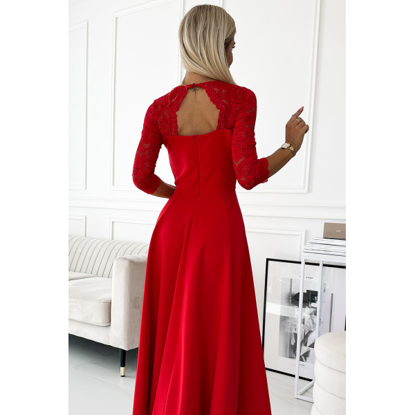 309-8 AMBER koronkowa elegancka długa suknia z dekoltem i rozcięciem na nogę - CZERWONA