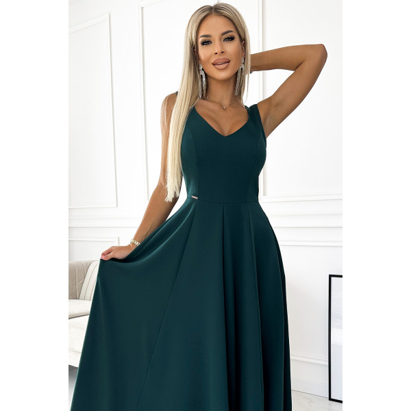 246-5 CINDY długa elegancka suknia z dekoltem - ZIELONA