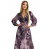 520-1 Plisowana szyfonowa długa sukienka z dekoltem, długim rękawkiem i szerokim paskiem - FIOLETOWE DUŻE KWIATY